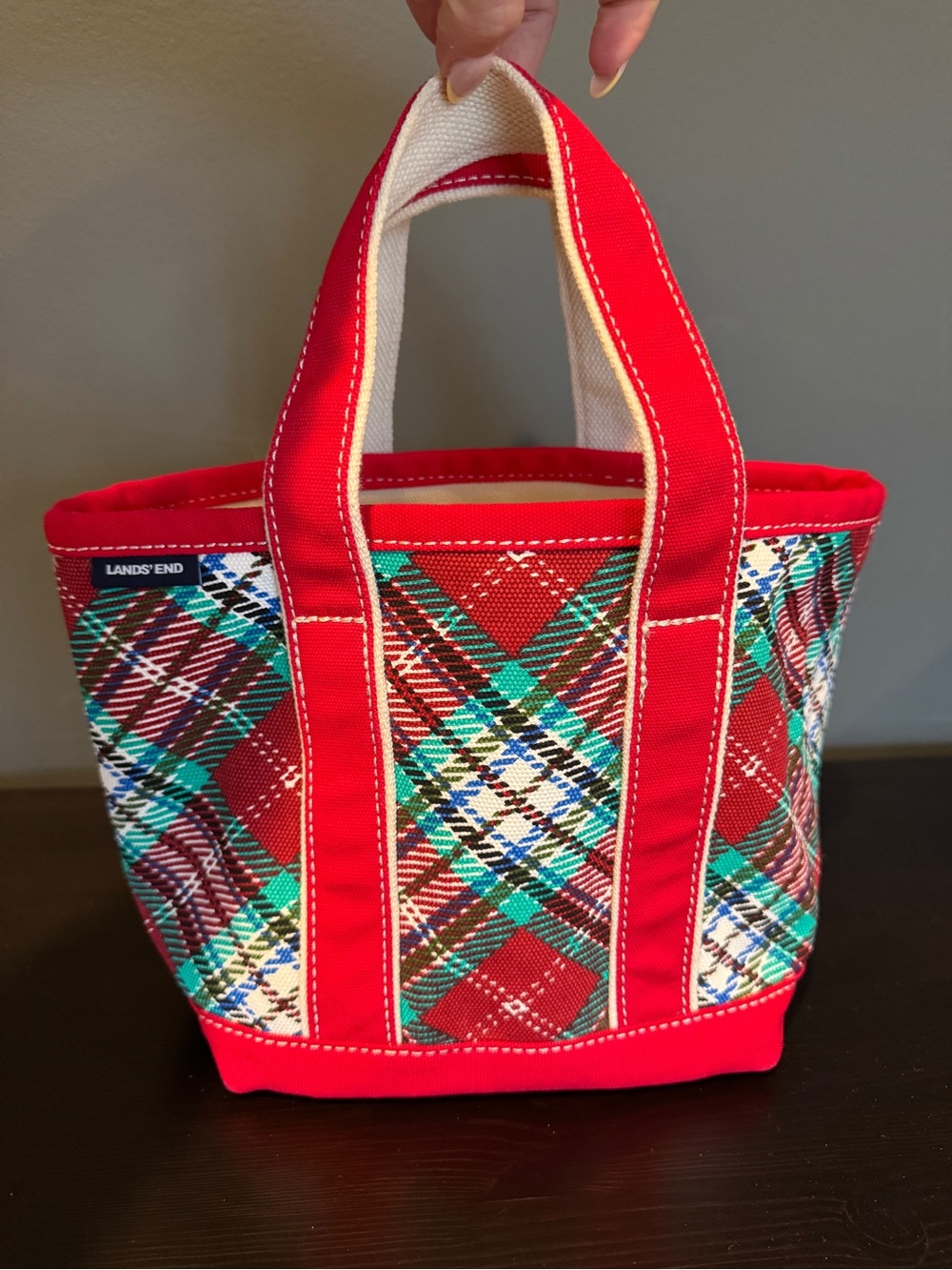 Lands End Small Christmas Plaid Tote Bag